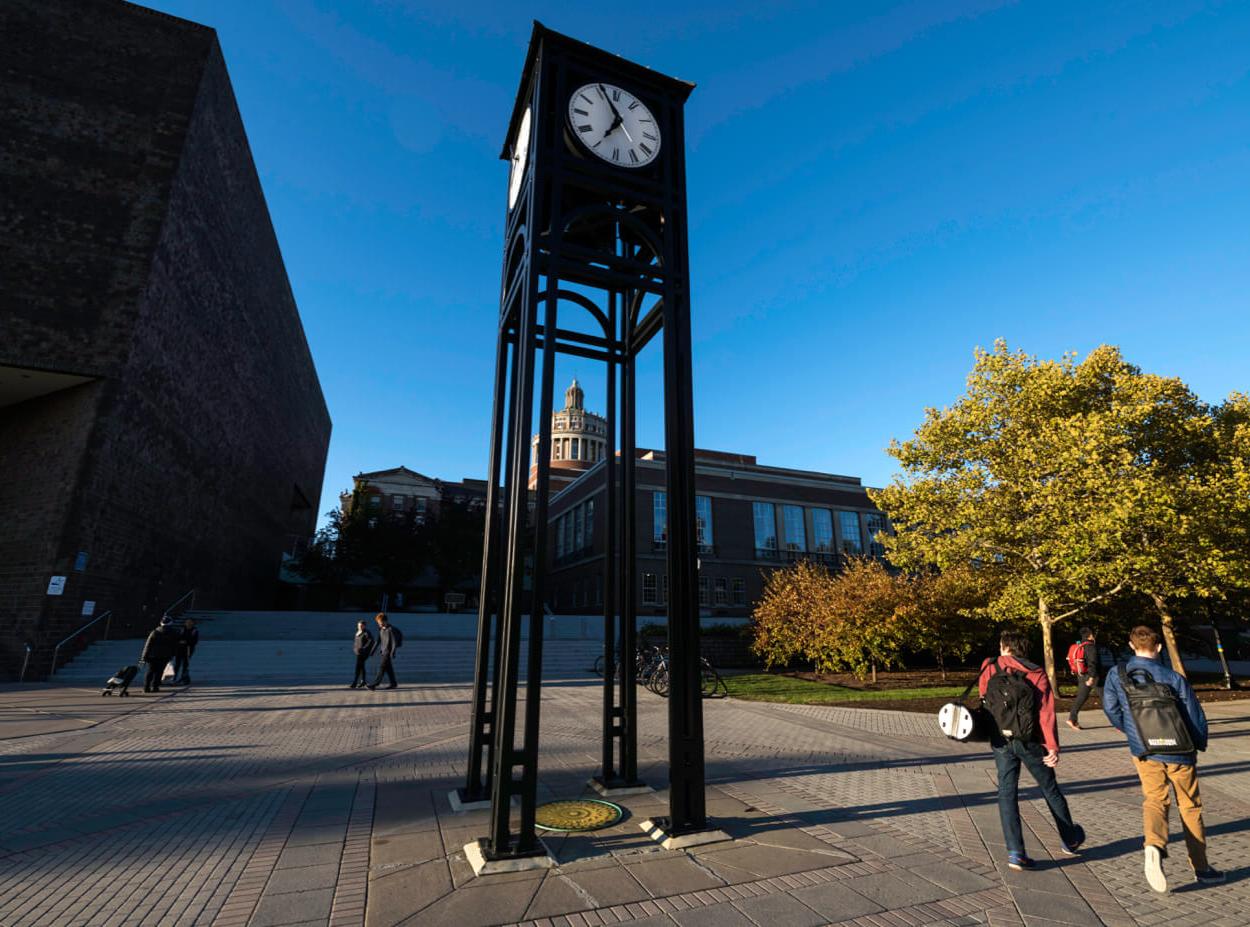 The clock tower on Dandelion Square at the University of Rochester